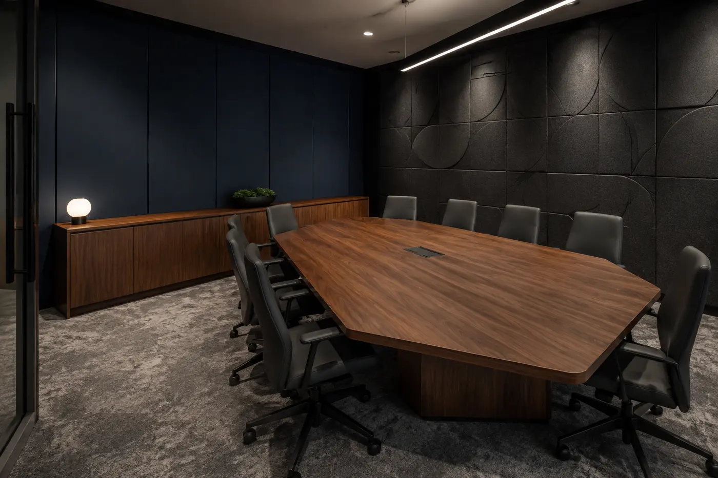 Representative custom walnut boardroom table with matching credenza
