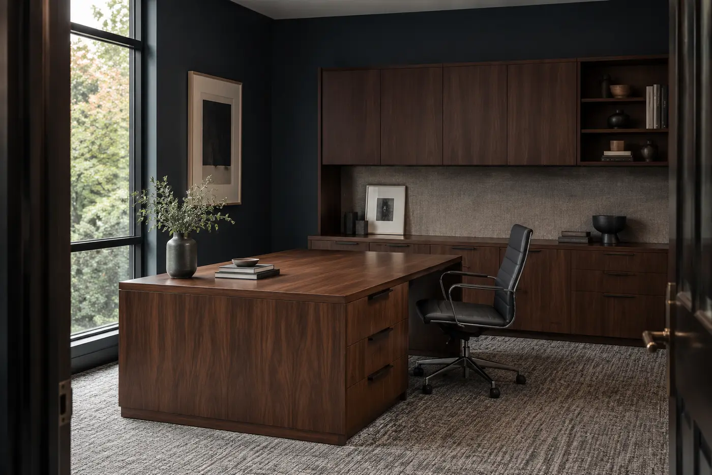 Representative custom private office with a walnut desk and matching storage