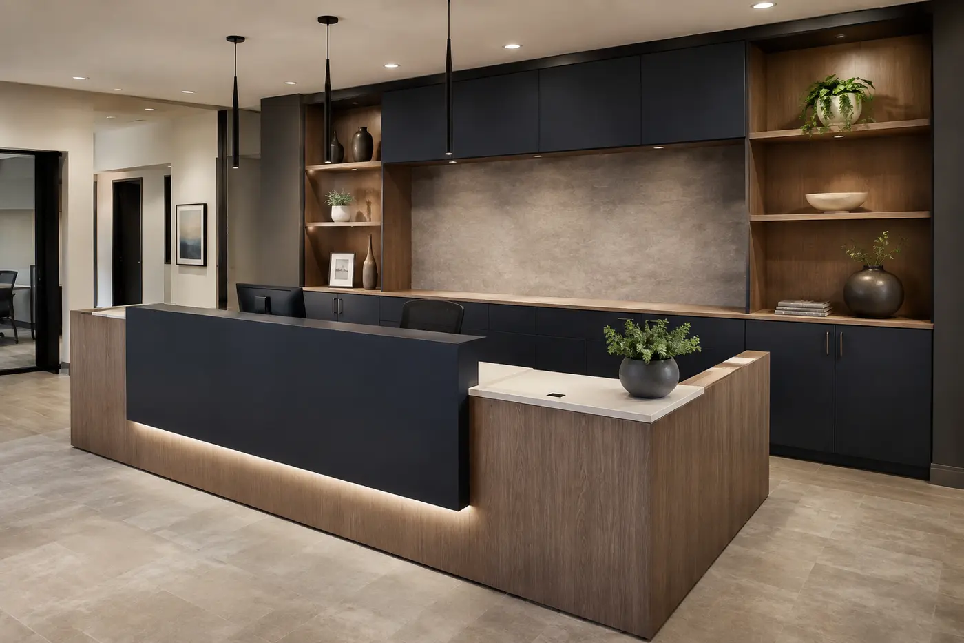 Representative custom reception desk with integrated wall storage